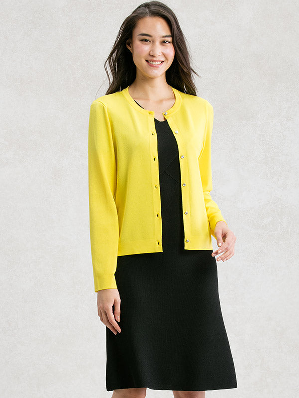 Washable Knit Yellow Crew Neck Cardigan