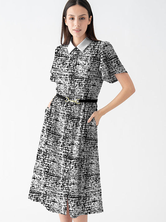 Stretch Chiffon: Stretch Chiffon Mosaic Check Bowtie Shirt Dress