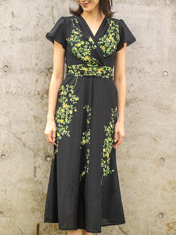 Stretch Chiffon: Ink Flower Long Marilyn Dress