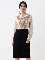 [Stretch Satin x Smart Stretch] Champagne Gold x Black Satin Frill Dress