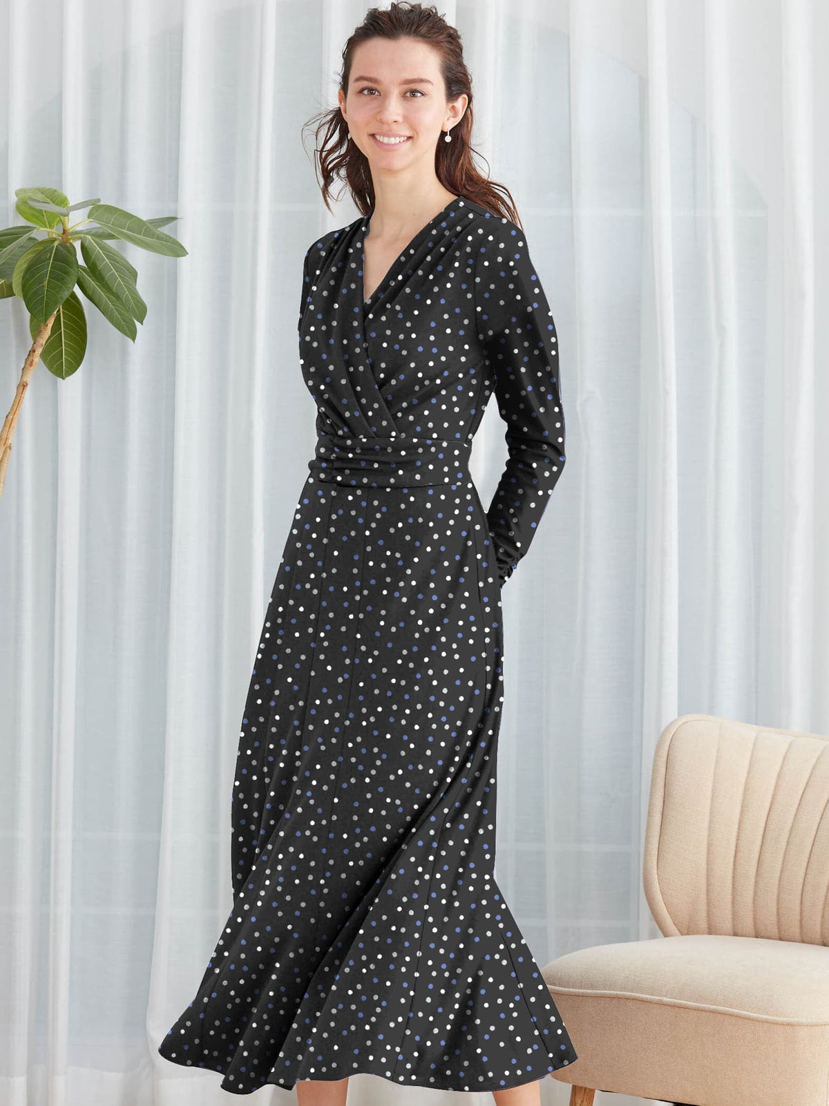 Navy Tiny Dot Long Marilyn Dress